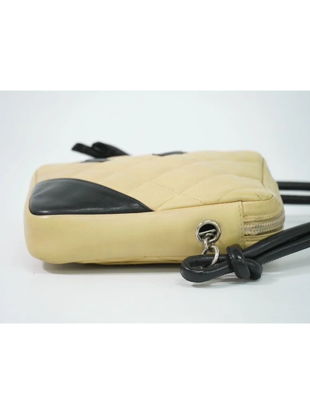 Chanel CC Logo Cambon Line Shoulder Bag Pochette Lambskin Leather Beige Black